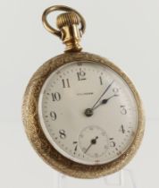 Gents gold plated Waltham Traveler open face stem-wind pocket watch. The white enamel dial with