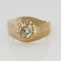 Tested as 18ct rose gold Gypsy set ring featuring an impressive round old cut diamond weighing