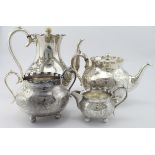 Four piece silver plated Victorian teaset comprising coffee pot, tea pot, sugar basin & cream jug by