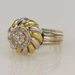 18ct white gold diamond cocktail ring by Rodney Rayner, twisted dome highlighted with yellow gold