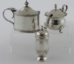 Mixed lot of three silver condiment items comprising two mustard pots and one pepper pot plus one