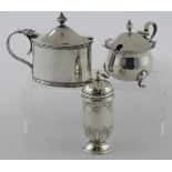 Mixed lot of three silver condiment items comprising two mustard pots and one pepper pot plus one