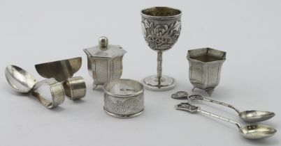 Mixed lot of Chinese silver items comprising two teaspoons, spoon and pusher, napkin ring, salt pot,