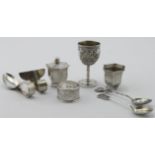 Mixed lot of Chinese silver items comprising two teaspoons, spoon and pusher, napkin ring, salt pot,