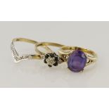 Three 9ct gold rings, stones include diamond, sapphire, synthetic purple sapphire, finger sizes I/J,