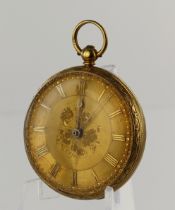 Gents 18ct cased open face key wind pocket watch, hallmarked London 1852. The gilt dial with Roman