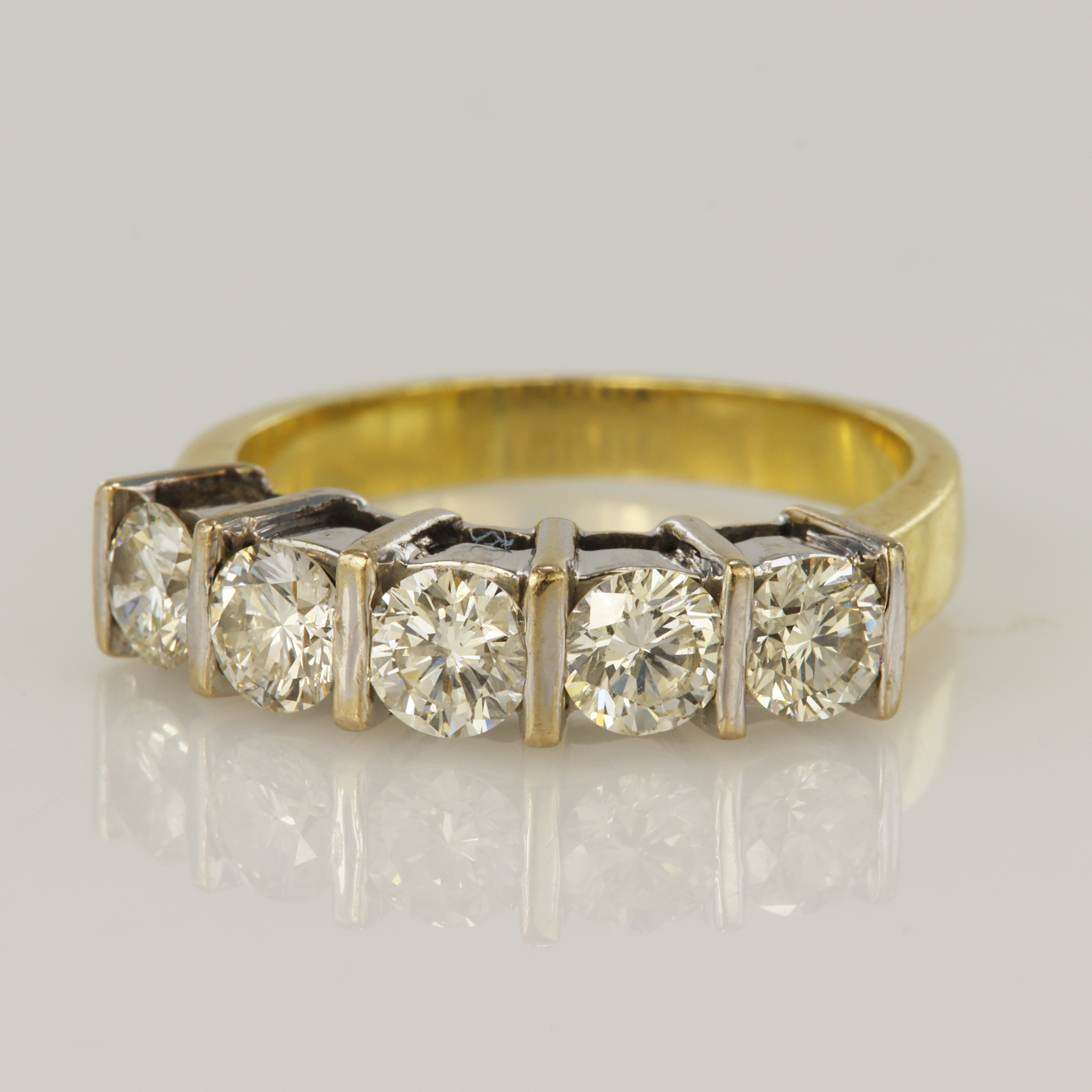 Yellow gold (tests 18ct) diamond five stone ring, TDW approx. 2ct, estimated colour approx. M/N,