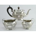 Silver three piece tea set, comprising teapot, sugar bowl & milk jug, hallmarked 'TH, Birmingham