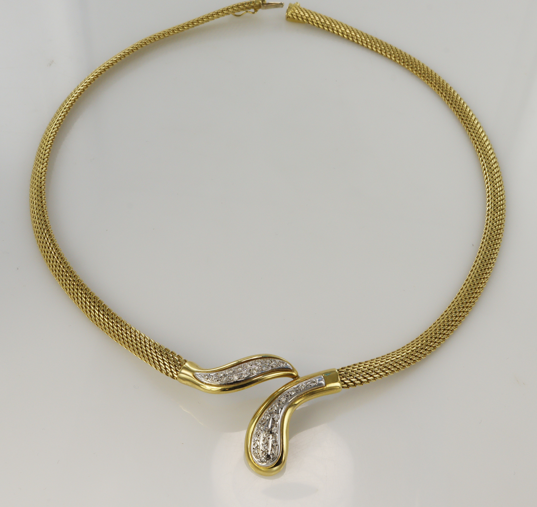 18ct yellow gold contemporary serpent style diamond collar necklace, diamonds highlighted in white