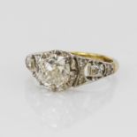 Yellow gold (tests 18ct) antique diamond solitaire ring, one old mine cut approx. 1.10ct,