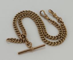 9ct yellow gold double Albert pocket watch chain, graduating curb links all stamped, to include T-
