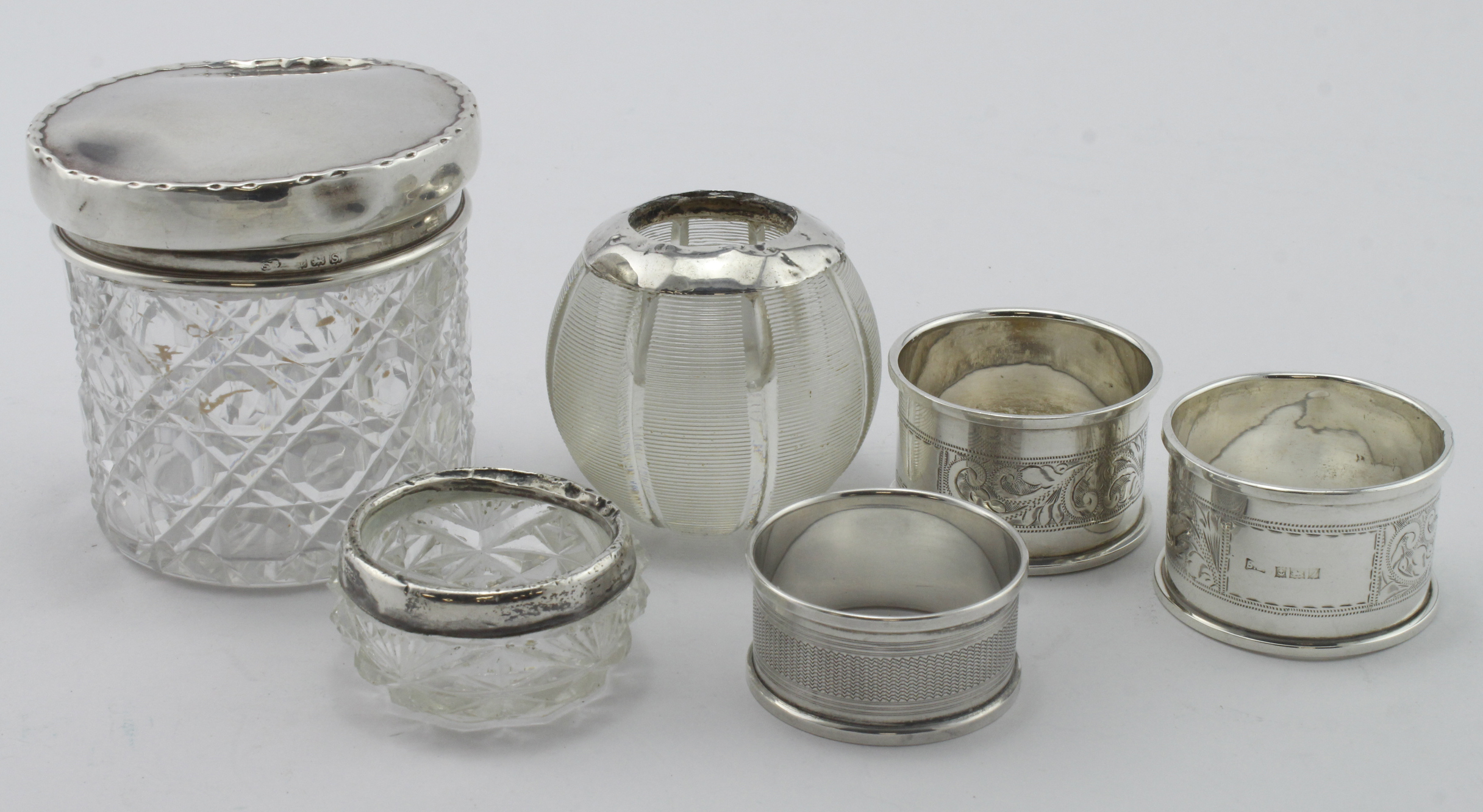 Mixed lot of silver & silver mounted items comprising three silver napkin rings & three silver