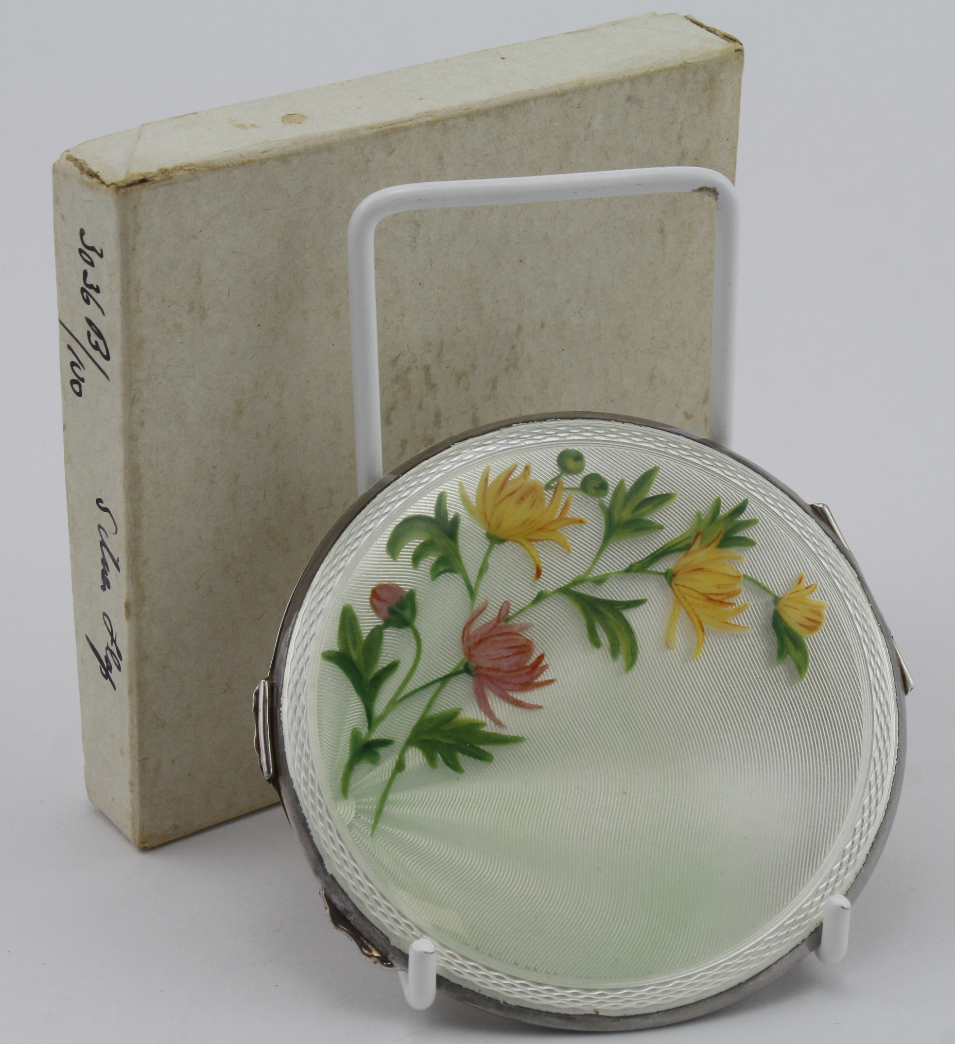 Silver & guilloche enamel compact (condition of enamel is very good) in original cover and cardboard