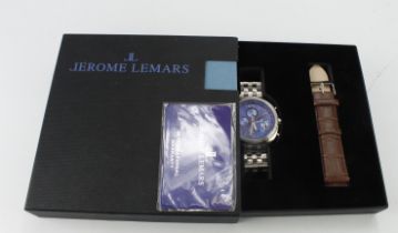 Gents stainless steel cased Jerome Lemars quartz wristwatch, ref. JL5556B. The blue dial with triple