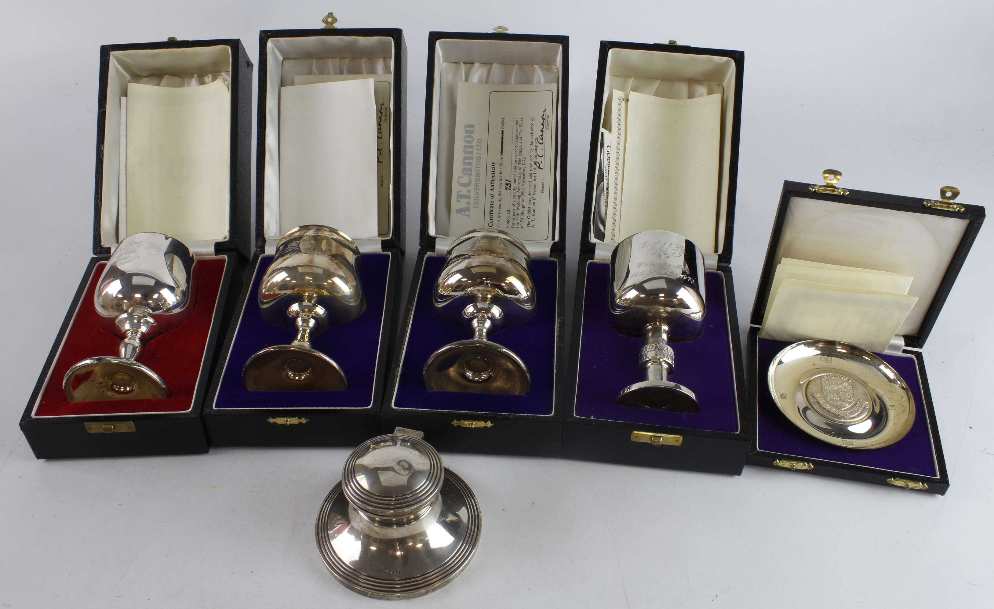 Mixed silver to incude four silver goblets, all limited edition Silver Anniversary & Princess Anne