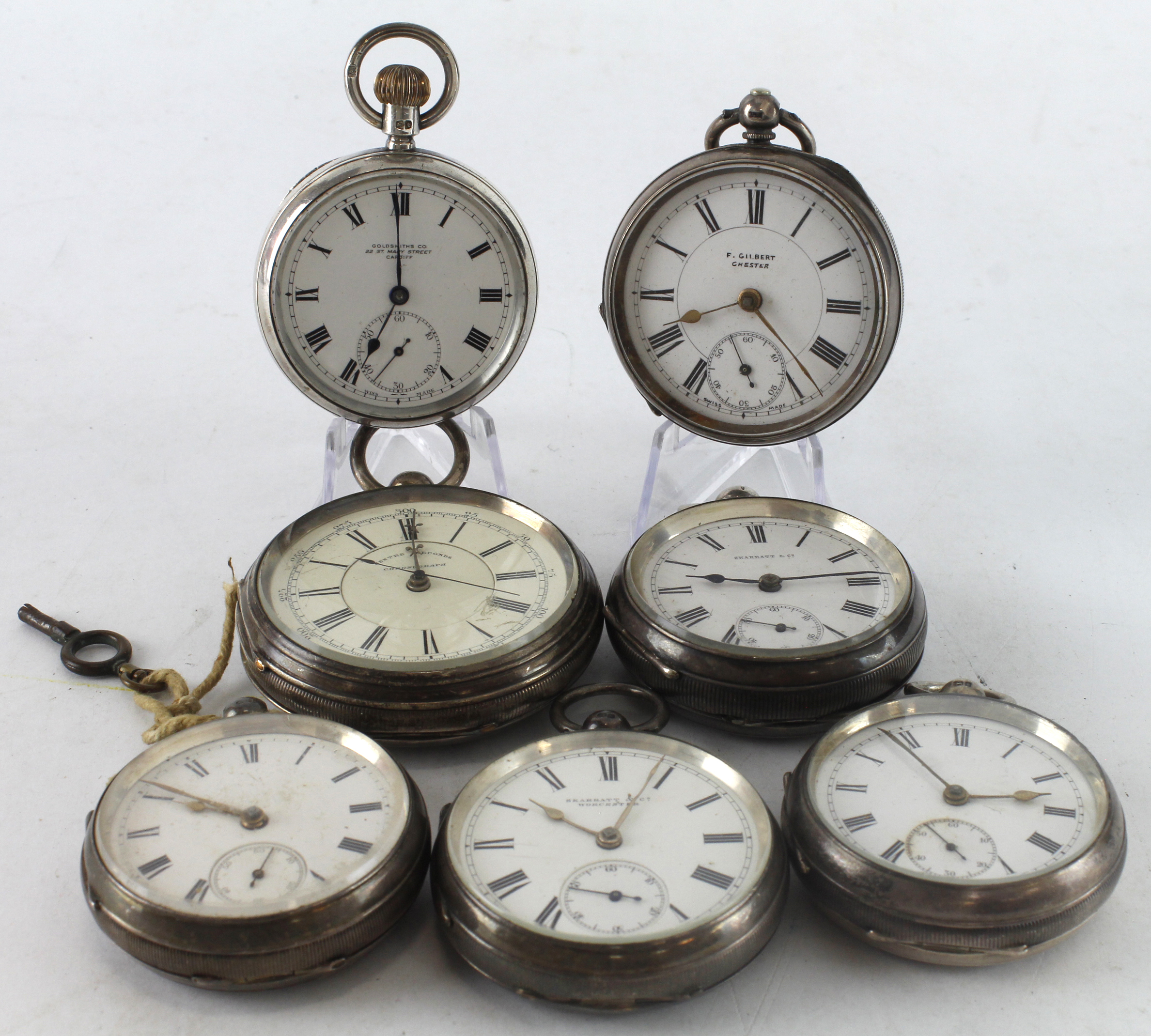 Assortment of seven gents silver cased pocket watches, one a centre seconds chronograph. Case