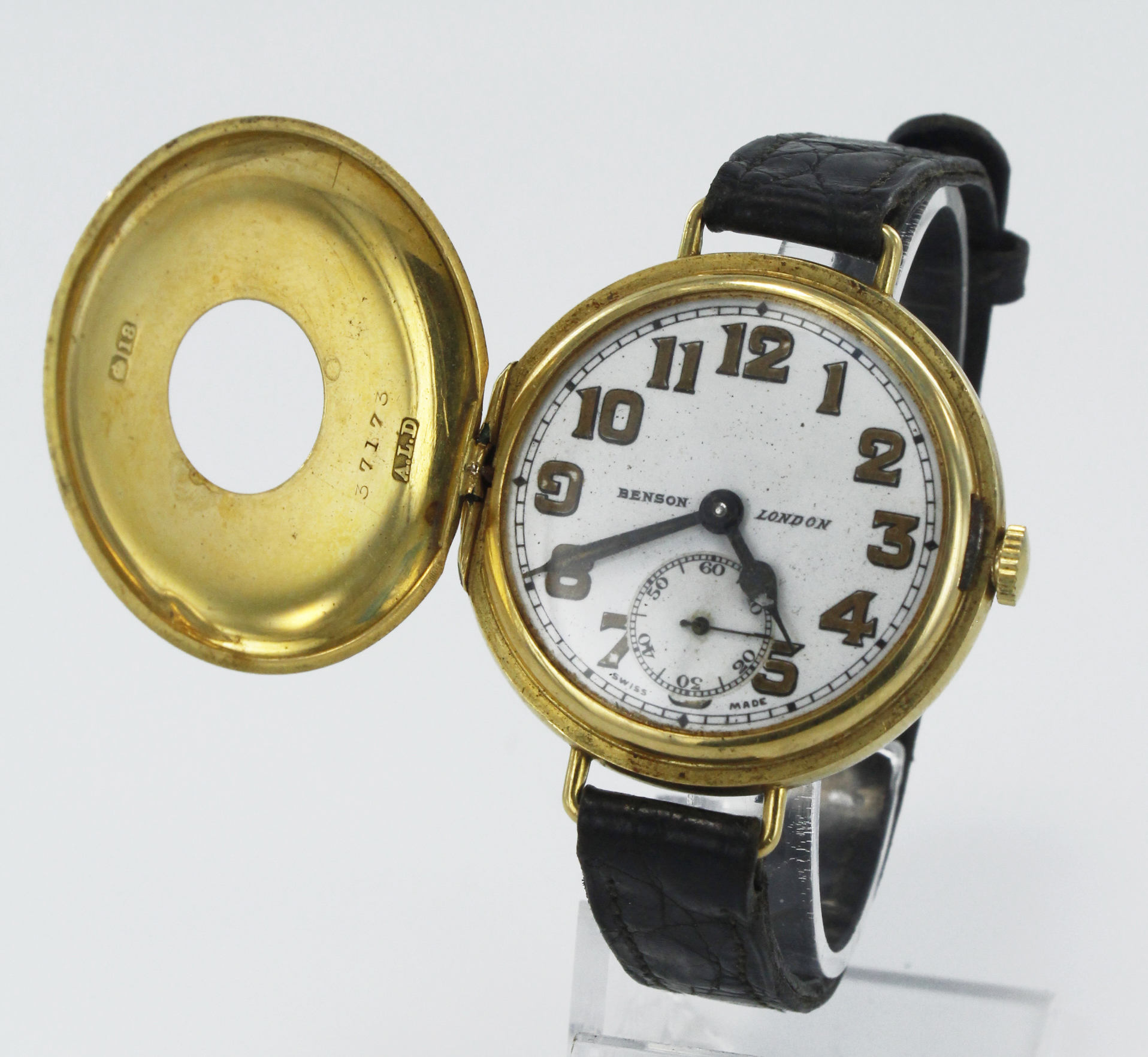 Gents 18ct cased half hunter wristwatch by Benson, hallmarked Birmingham 1937. The white enamel dial - Image 2 of 2