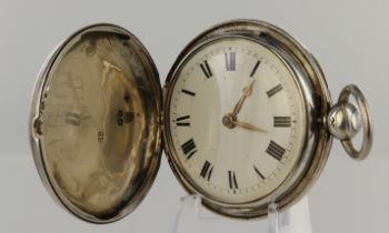 Gents silver cased full hunter key wind pocket watch, hallmarked London 1826. The white enamel