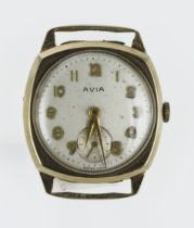 Gents 9ct cased Avia manual wind wristwatch, circa 1977. The silvered dial gilt Arabic numerals,
