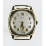 Gents 9ct cased Avia manual wind wristwatch, circa 1977. The silvered dial gilt Arabic numerals,