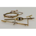 Three yellow gold (tests 15ct) vintage brooches, stones include diamond, sapphire, amethyst and