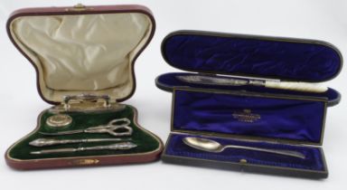 Silver mounted five piece manicure set, all pieces hallmarked Birm. 1907 plus a boxed silver tea-