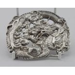 Very intricate & attractive unmarked Chinese silver buckle measures 78 x 64mm approx, weighs 1.75 oz