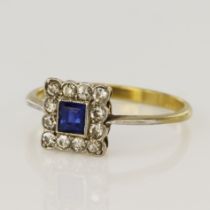 Yellow gold (tests 18ct) vintage diamond and synthetic sapphire cluster ring, twelve single cut
