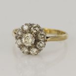 Yellow gold (tests 18ct) vintage diamond cluster ring, prinicple round brilliant cut approx. 0.26ct,