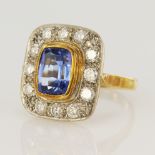 18ct yellow gold diamond and tanzanite cluster ring, mixed step cut tanzanite measures approx. 9 x