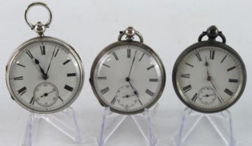 Three gents silver cased open face key wind pocket watches, both white enamel dials with Roman