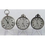 Three gents silver cased open face key wind pocket watches, both white enamel dials with Roman