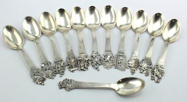 Set of twelve Danish silver, Hans Christian Anderson Fairy-tale spoons, all hallmarked for