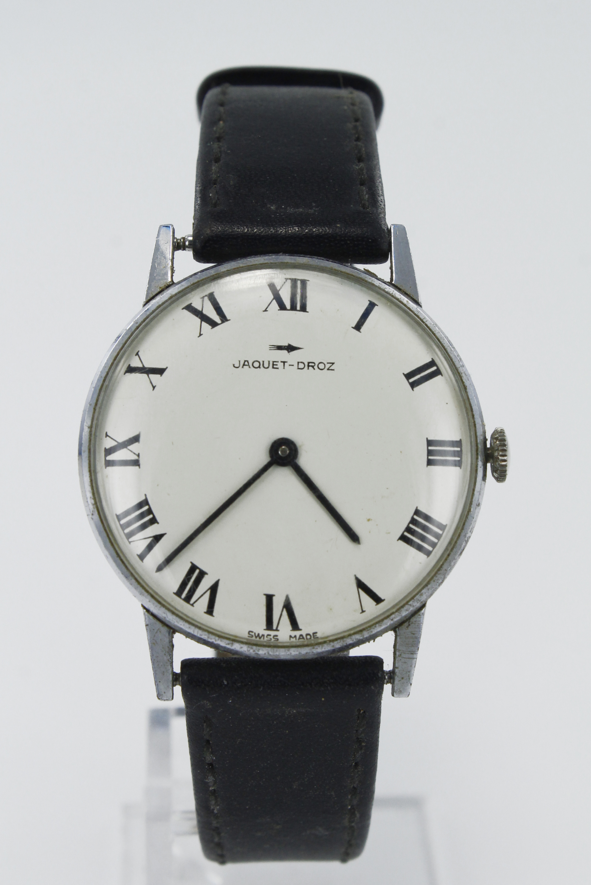 Gents stainless steel cased Jaquet-Droz manual wind wristwatch. The white enamel dial with Roman