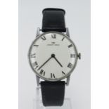 Gents stainless steel cased Jaquet-Droz manual wind wristwatch. The white enamel dial with Roman