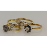 Four yellow gold (tests 18ct) rings, stones include diamond and sapphire, finger sizes K, M/Nx2, O/