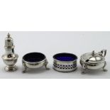 Mixed lot of silver cruet items comprising two salt pots, mustard pot and pepper pot plus two blue