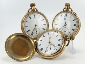 Three gold plated gents pocketwatches, two open face the other full hunter. All white enamel dials