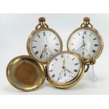 Three gold plated gents pocketwatches, two open face the other full hunter. All white enamel dials