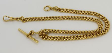 Yellow gold (tests 18ct) doublet Albert pocket watch chain, each curb linked stamped '18ct', one dog