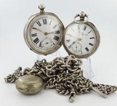 Assortment of two silver cased pocket watches along with three silver albert chains. The pocket