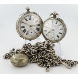 Assortment of two silver cased pocket watches along with three silver albert chains. The pocket