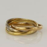 18ct tricolour gold Russian wedding band, three 2mm intertwined bands. finger size H, weight 5.5g.