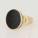 Yellow gold (tests 9ct) bloodstone signet ring, tables measures 15 x 12mm, finger size S, weight 5.