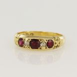 18ct yellow gold Edwardian diamond and ruby ring, three rubies principle measures 4mm, two