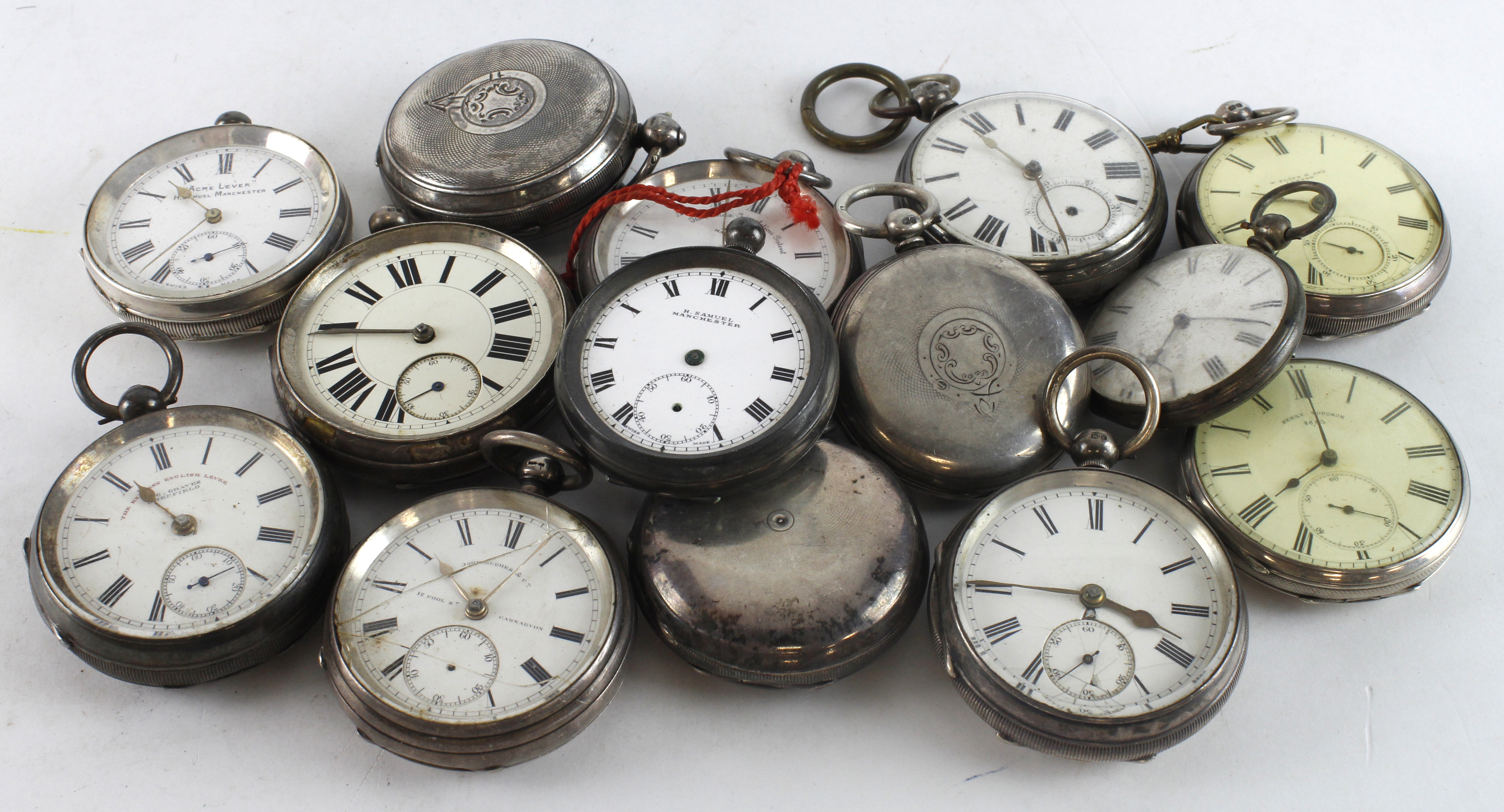 Assortment of fourteen gents silver cased pocket watches, two full hunter, the rest open face.