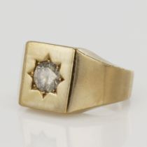 Yellow gold (tests 9ct) diamond signet ring, set with one round brilliant approx. 1.22ct, square