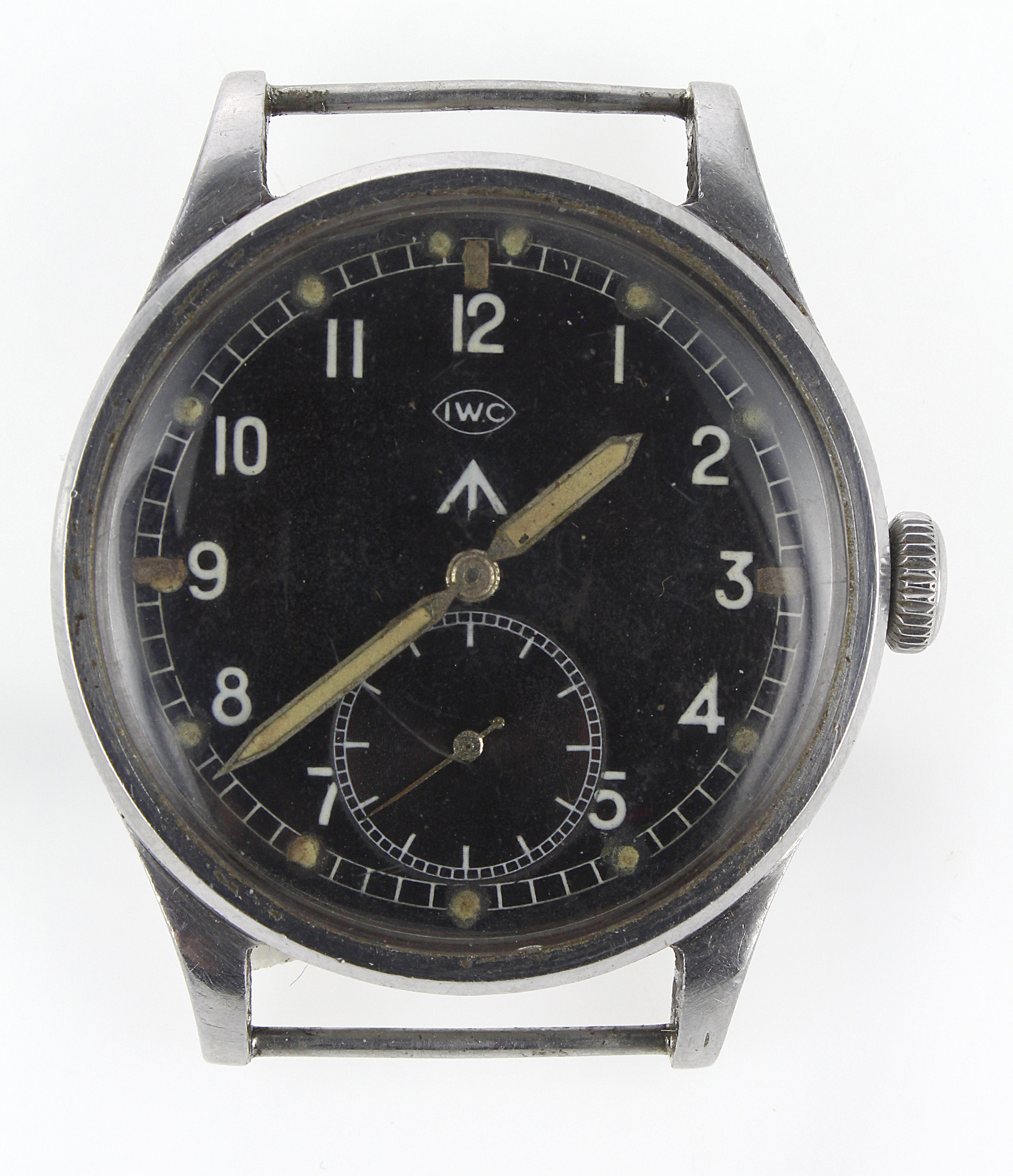 IWC Mark X British military issue 'Dirty Dozen' wristwatch. The black dial with white Arabic