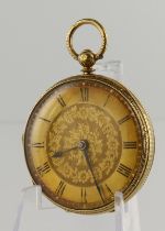 Gents 18ct cased open face key wind pocket watch, hallmarked London 1870. The gilt foliate dial with