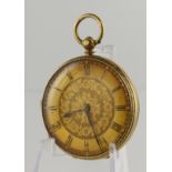 Gents 18ct cased open face key wind pocket watch, hallmarked London 1870. The gilt foliate dial with